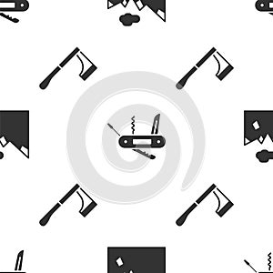 Set Mountains, Swiss army knife and Wooden axe on seamless pattern. Vector