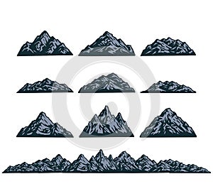 Set of mountais, hand drawn line style with digital color