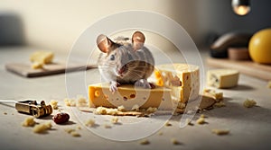 Set mouse with cheese in a hole and mousetrap on a white. Character.