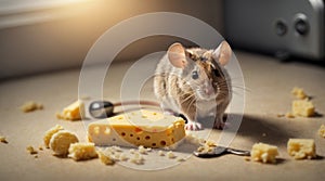 Set mouse with cheese in a hole and mousetrap on a white. Character.