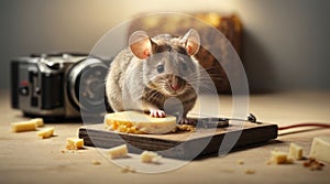 Set mouse with cheese in a hole and mousetrap on a white. Character.