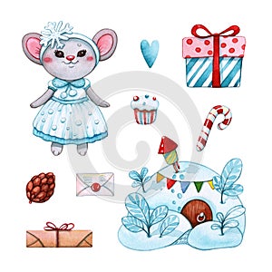 Set of mouse in christmas costume of snowflake
