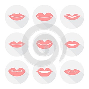 Set of mouth smile red woman lips in flat