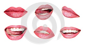 Set of mouths with beautiful make-up isolated on white.