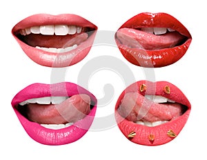 Set of mouths with beautiful make-up isolated on white.