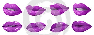 Set of mouths with beautiful makeup on background, banner design. Stylish violet lipstick