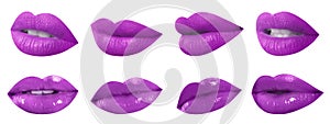 Set of mouths with beautiful makeup on background, banner design. Stylish violet lipstick photo