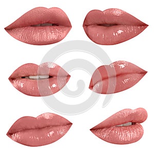 Set of mouths with beautiful makeup on background. Glossy pink lipstick photo