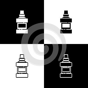 Set Mouthwash plastic bottle and glass icon isolated on black and white background. Liquid for rinsing mouth. Oralcare