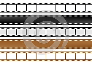 Set of movie and camera blank film strips of different colors with empty windows and without windows