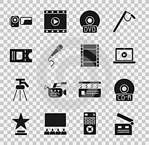 Set Movie clapper, CD or DVD disk, Online play video, Microphone, Cinema ticket, camera and Play Video icon. Vector