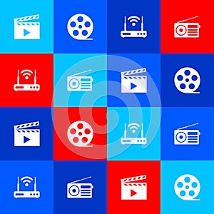 Set Movie clapper, Film reel, Router and wi-fi and Radio icon. Vector