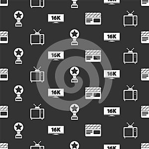 Set Movie clapper, Retro tv, Movie trophy and Screen tv with 16k on seamless pattern. Vector