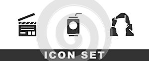 Set Movie clapper, Soda can with straw and Grand canyon icon. Vector