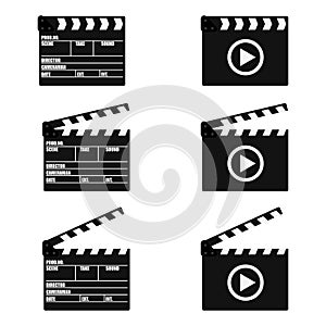 Set of movie clapperboard. Clapperboard icon. Movie production sign. Video movie clapper equipment. Filmmaking device.