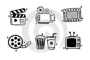 Set of movie elements vector illustration in cute doodle style