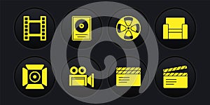 Set Movie spotlight, Cinema chair, camera, clapper, Film reel, CD disk award frame, and Play Video icon. Vector