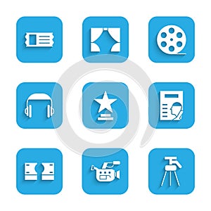 Set Movie trophy, Cinema camera, Tripod, poster, Stacks paper money cash, Headphones, Film reel and ticket icon. Vector