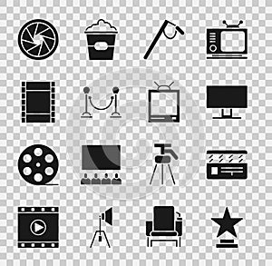 Set Movie trophy, clapper, Smart Tv, Microphone, Rope barrier, Play Video, Camera shutter and Retro tv icon. Vector