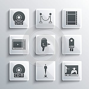 Set Movie trophy, Online play video, USB flash drive, Retro cinema camera, CD or DVD disk, and Play Video icon. Vector