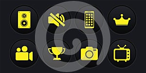 Set Movie or Video camera, Crown, Trophy cup, Photo, Mobile Apps and Speaker mute icon. Vector