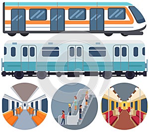 Set with moving staircase, navigation, passenger seats, trains of subway, public transport metro