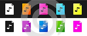 Set MP3 file document. Download mp3 button icon isolated on black and white background. Mp3 music format sign. MP3 file