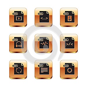 Set MP4 file document, GIF, TXT, MP3, WAV, RAW and XML icon. Vector