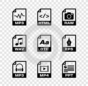 Set MP3 file document, HTML, RAW, , MP4 and PPT icon. Vector