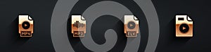 Set MP4 file document, MP3, FLV and AVI icon with long shadow. Vector