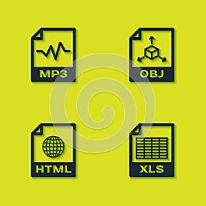 Set MP3 file document, XLS, HTML and OBJ icon. Vector
