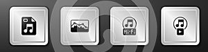 Set MP3 file document, Music wave equalizer, note, tone and Play in square icon. Silver square button. Vector