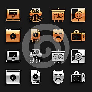 Set MP4 file document, Old film movie countdown frame, Photo camera, Drama theatrical mask, Online play video, Scenario