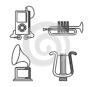 set of mp4 with headphones and trumpet with harp and turntable