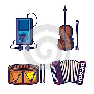set of mp4 with violin and drum with accordeon instruments