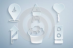 Set Muffin, Balloons form of heart, Firework rocket, Stereo speaker, Barbecue grill and Slice pizza icon. Vector