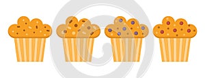 Set of muffins color vector icons with chocolate and berry. Flat cupcakes illustration. Cake desserts design