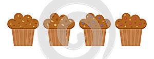 Set of muffins color vector icons with chocolate and berry. Flat cupcakes illustration. Cake desserts design