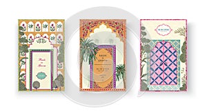 Set of Mughal Wedding Card Design. Invitation card set for printing vector illustration.