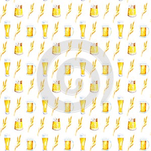 Set of mugs filled with beer with foam and ears of wheat with crumbs. Watercolor illustration isolated on white background.