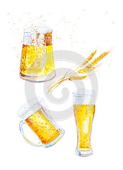 Set of mugs filled with beer with foam and ears of wheat with crumbs. Watercolor illustration isolated on white background