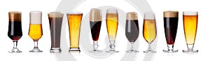 set of mugs and glasses with light and dark beer isolated on white.