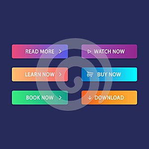 A set of multi-colored buttons using the gradient for websites and social pages. Read more, Learn more, Book now, Watch now, Buy