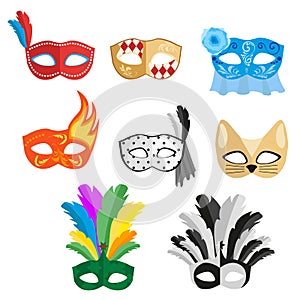 Set of multi-colored carnival masks for a festive evening or going to a party. Vector, illustration in flat style