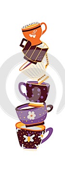 Set of multi-colored cup with different patterns. Tea, coffee, drinks. Banner for the interior. Mid-century. Hand-drawn