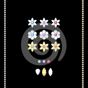 Set of multi-colored diamonds of different faces on a black background