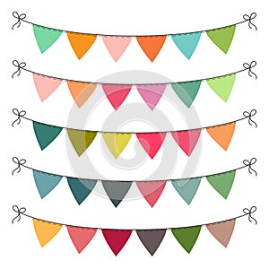 Set of multi colored flat buntings garlands, triangle flags. Celebration decor for greeting cards