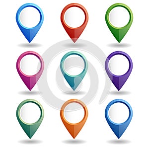 Set of multi-colored map pointers. GPS location symbol.
