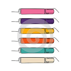 Set of multi-colored markers on a white background. Marker pen icon symbol design. One line drawing. Vector illustration