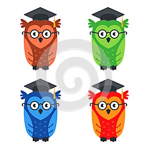 set of multi-colored smart owls with glasses.